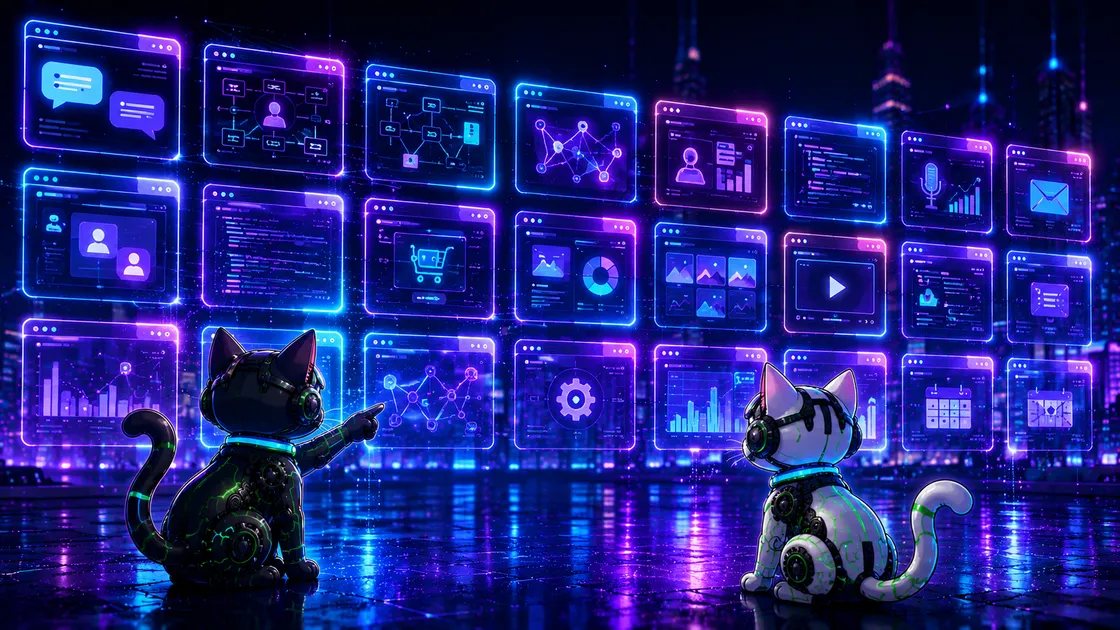 本番プロダクトやAIツールを抽象化して並べた実績ビジュアル