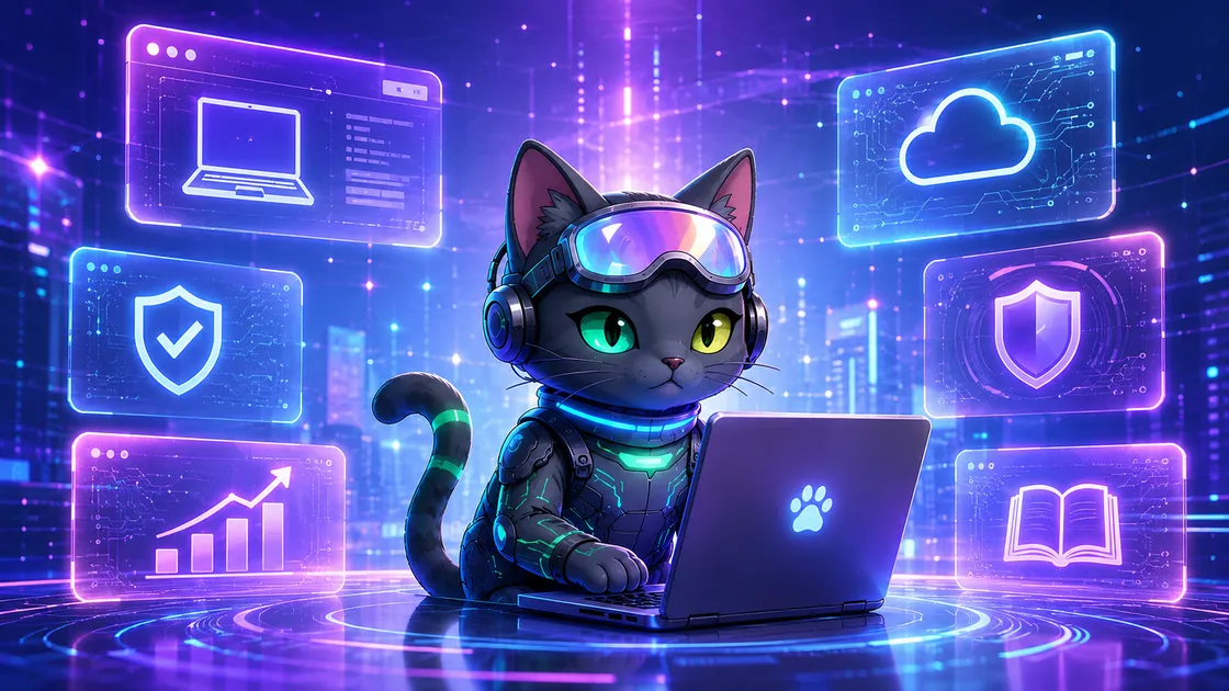 ノートPCで開発する秒速ラボの相棒AIキャラのサイバーパンク風ビジュアル
